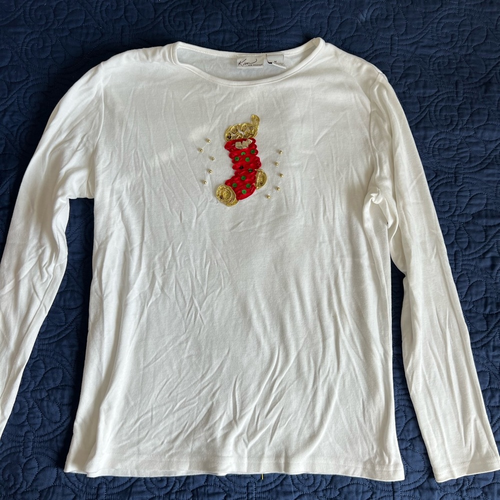 Size medium Kim Rogers long sleeve Tshirt. Embellished ribbon & beaded stocking